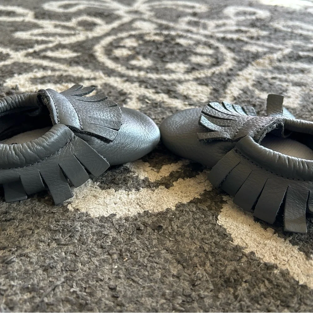 Gray Leather Kids Moccasins